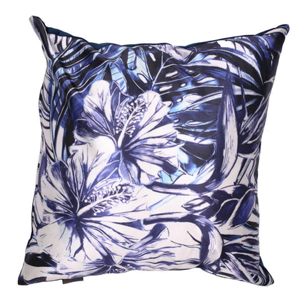 Sierkussen met blauw-wit bloemenprint en tropische bladeren, zacht textiel, decoratief