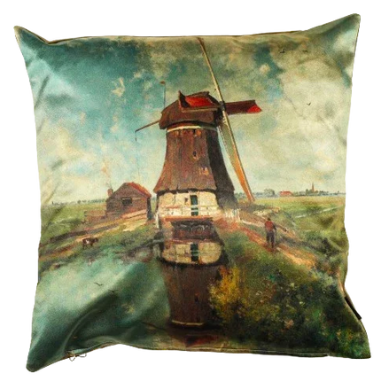 Sierkussen met schilderij van Nederlandse windmolen bij water en landschap, blauwgroene tinten