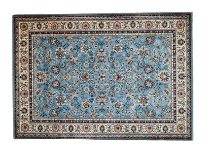 blauw tapijt met traditioneel Perzisch bloemenpatroon en sierlijke crèmekleurige rand