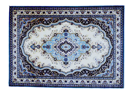 Perzisch tapijt met blauw-wit patroon en klassieke bloemmotieven op lichte achtergrond