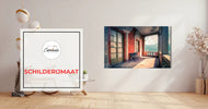 Moderne woonkamer met houten vloer, minimalistisch meubel, en schilderij van balkon met bergen