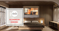 Moderne slaapkamer met houten bed en abstract schilderij, aluminium dibond wanddecoratie