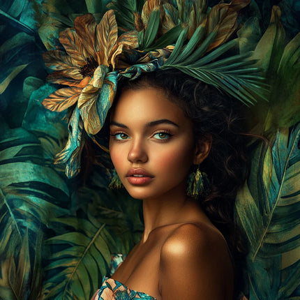 Portret van vrouw met tropische bloemenhoed en groene bladeren, zomerse mode en natuur