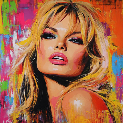 Kleurrijk abstract portret van een blonde vrouw met felle make-up en levendige achtergrond