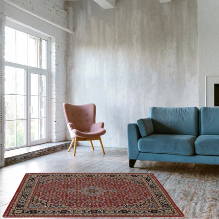 Modern woonkamer met roze fauteuil, blauwe bank, grote ramen en rood patroon tapijt op houten vloer