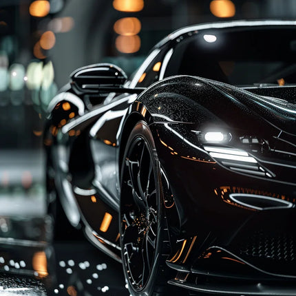 Zwarte sportwagen close-up bij schijnwerpers in moderne showroom met glanzende vloer