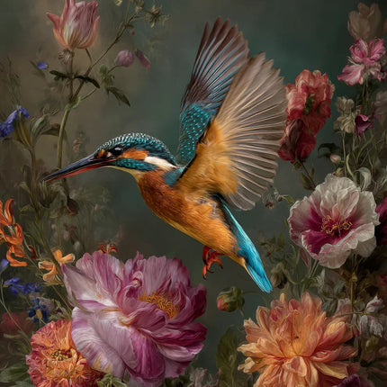 Moderne woonkamer met beige hoekbank en muurdecoratie van stad met ondergaande zon en druk verkeer