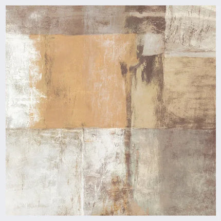 Abstract schilderij met vierkante vlakken in beige, bruin en grijs, ruwe textuur