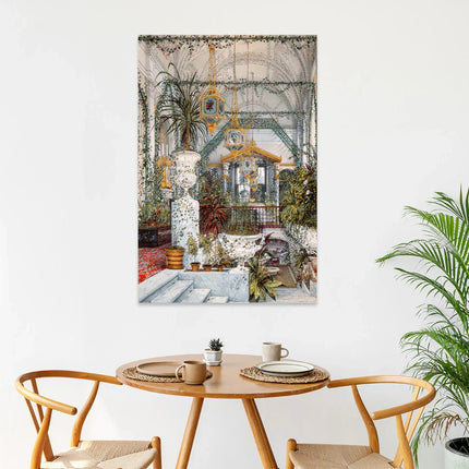 Aluart schilderij 'The Palace Room' met interieur van luxueuze zaal vol planten en gouden accenten