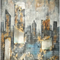 Abstract schilderij van stedelijke skyline met textuur, grijs, blauw en gouden accenten