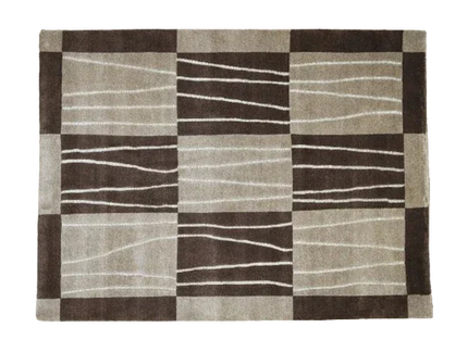 Modern vloerkleed met bruin-beige blokken en witte lijnen patroon, stijlvolle kamerdecoratie