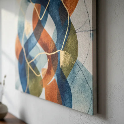 Hoogwaardig akoestisch paneel 3mm met kleurrijk abstract kunstwerk aan muur in woonkamer
