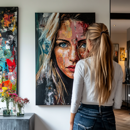 Drie-delige wanddecoratie met schilderijen van leeuwen en leeuwinnen in warme, natuurlijke kleuren boven houten meubel