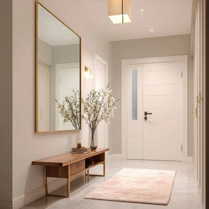 Moderne hal met grote rechthoekige spiegel met gouden lijst, houten bank en decoratieve bloemen