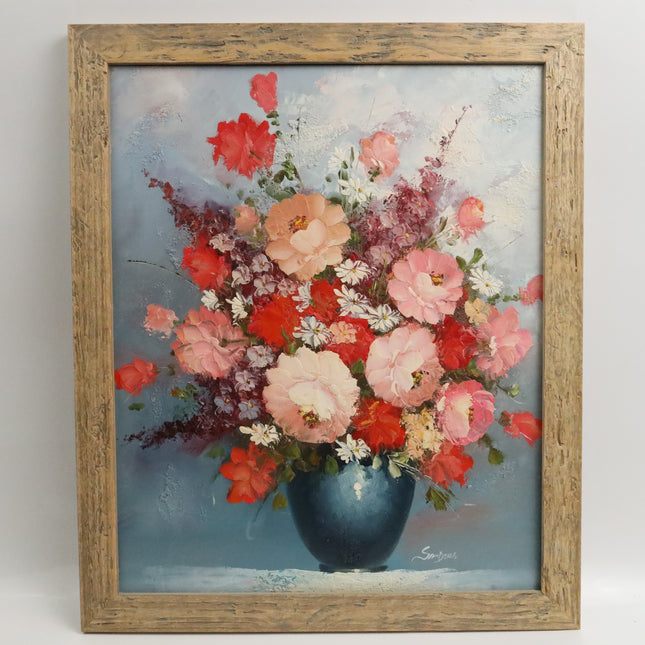 Handgeschilderd Schilderij 'Rood met Roze Bloemen'