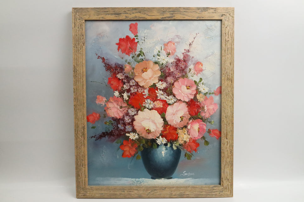 Handgeschilderd Schilderij 'Rood met Roze Bloemen'