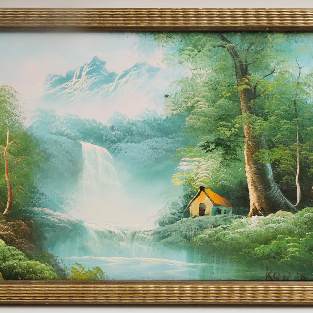 Handgeschilderd Schilderij 'Huisje bij Waterval'