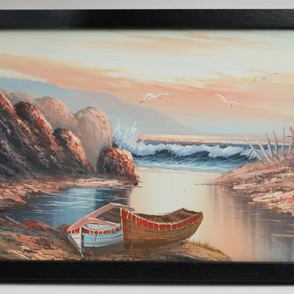 Handgeschilderd Schilderij 'Bootjes aan de kust'