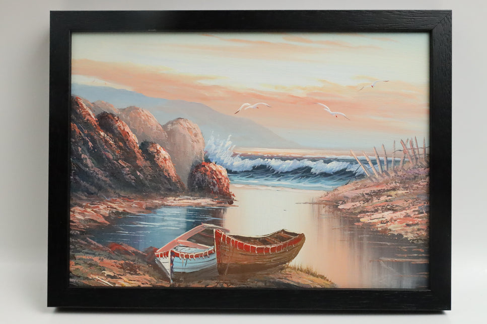 Handgeschilderd Schilderij 'Bootjes aan de kust'