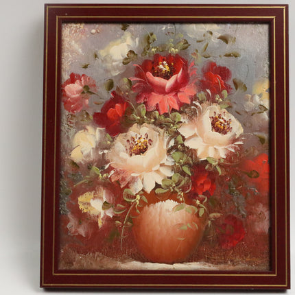 Handgeschilderd Schilderij 'Roze met witte Bloemen'