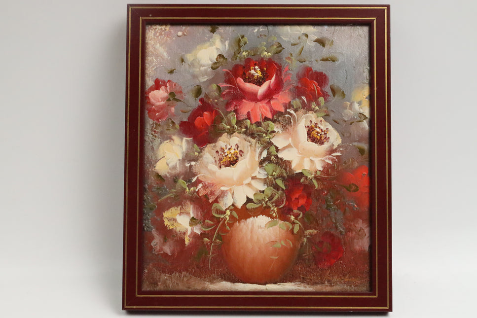 Handgeschilderd Schilderij 'Roze met witte Bloemen'