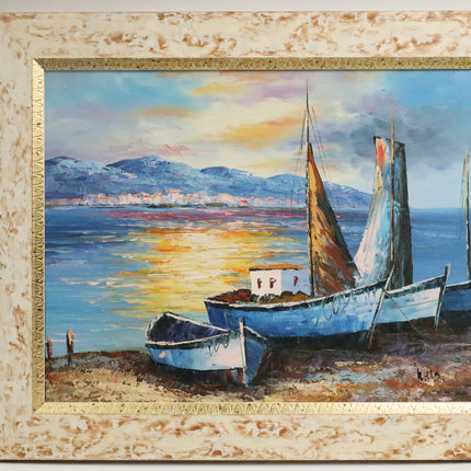 Handgeschilderd Schilderij 'Bootjes op het strand'