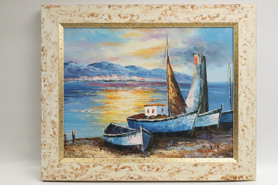 Handgeschilderd Schilderij 'Bootjes op het strand'