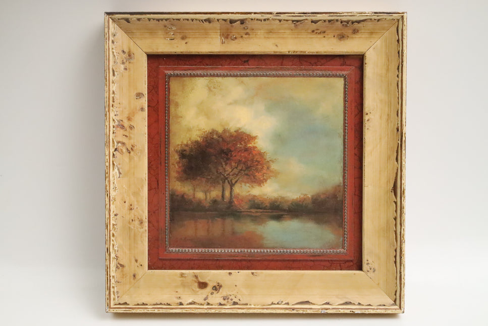 Poster achter glas 'Bomen bij meer'