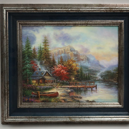 Handgeschilderd Schilderij 'Huisje bij het meer'