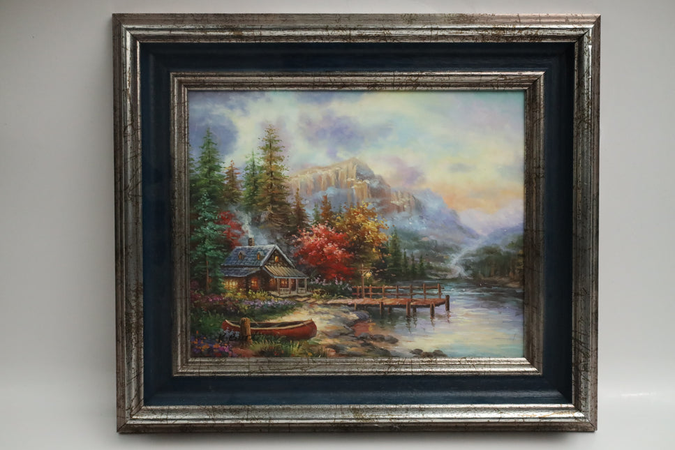 Handgeschilderd Schilderij 'Huisje bij het meer'