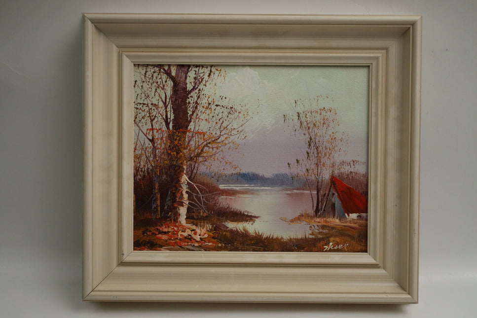 Handgeschilderd Schilderij 'Huisje aan het meer'