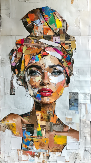 Schilderij 'Vrouw in Collage van Krantenknipsels'