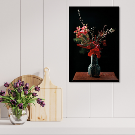 Aluart schilderij 'Delfst blauwe vaas met rode bloemen'