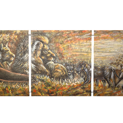 Canvas 'Drieluik leeuwen in de natuur'
