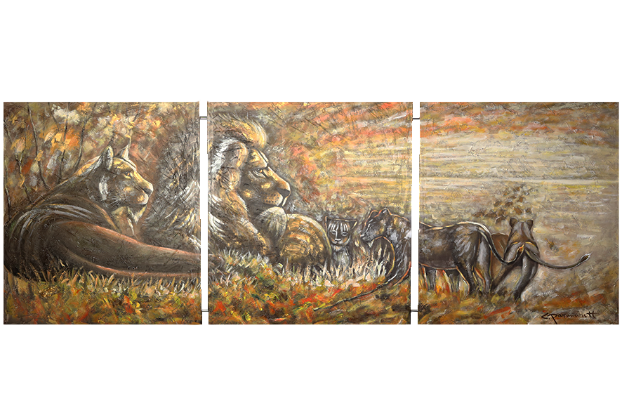 Canvas 'Drieluik leeuwen in de natuur'