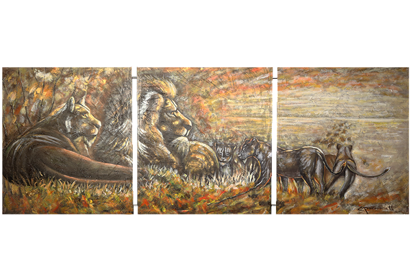 Canvas 'Drieluik leeuwen in de natuur'