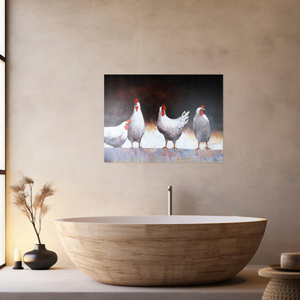 Canvas schilderij 'De vier kippen'