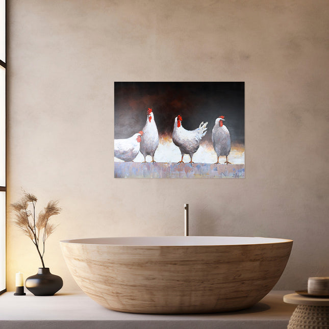 Canvas schilderij 'De vier kippen'