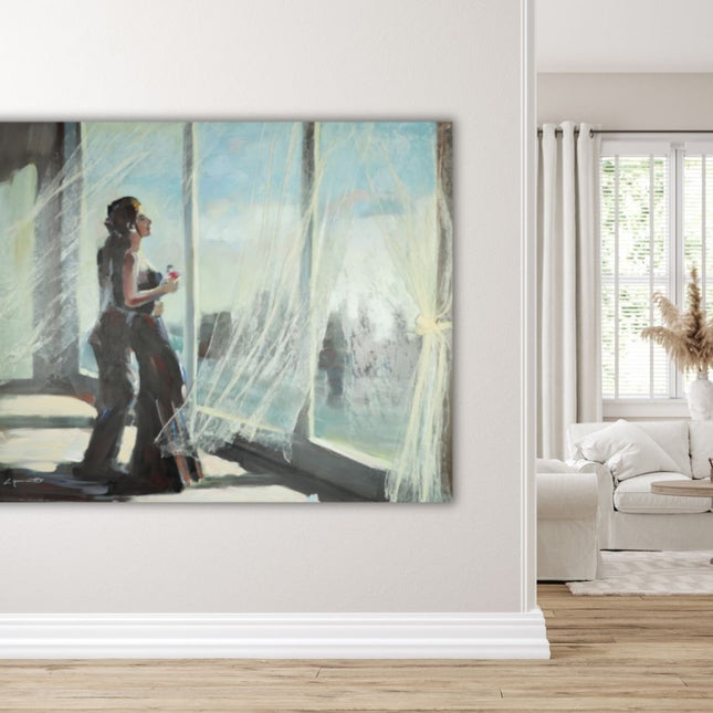 Canvas schilderij 'Elegante vrouw in de wind'
