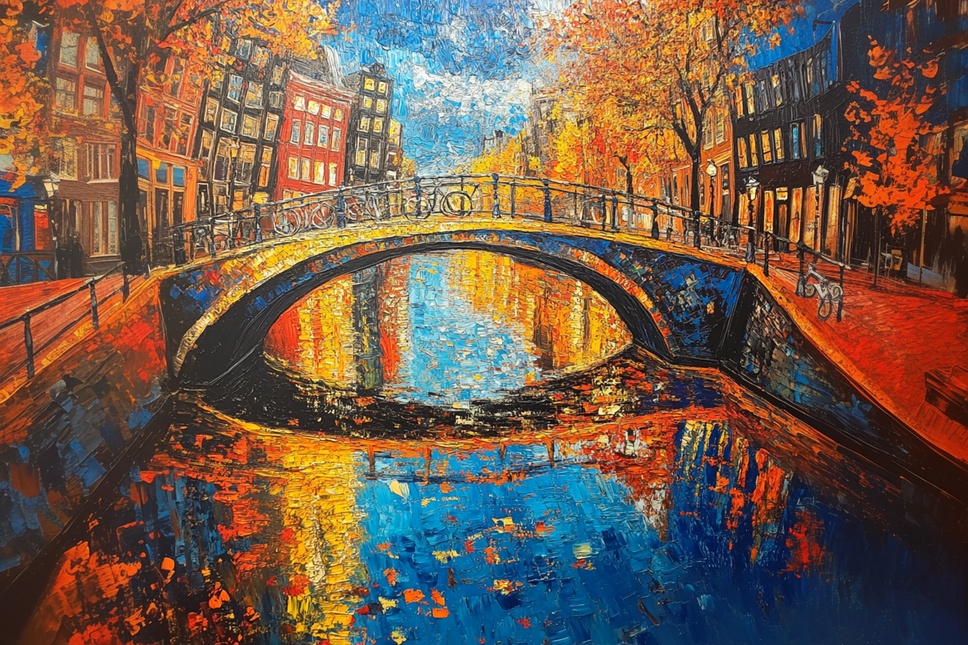 Schilderij 'Amsterdamse grachten in Vincent van Gogh stijl