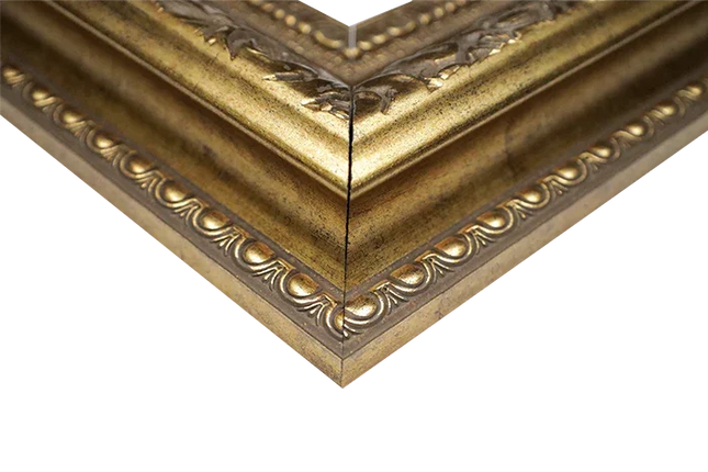 hoek van een luxe gouden fotolijst met klassieke ornamenten en gedetailleerd patroon