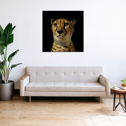 Ingelijste glasschilderij 'Cheetah with diamond collor'