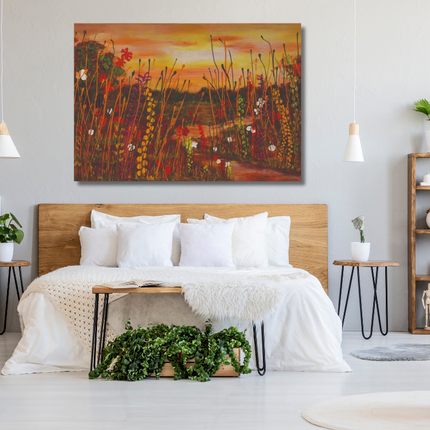 Aluart schilderij 'Bloemenveld zonsondergang'