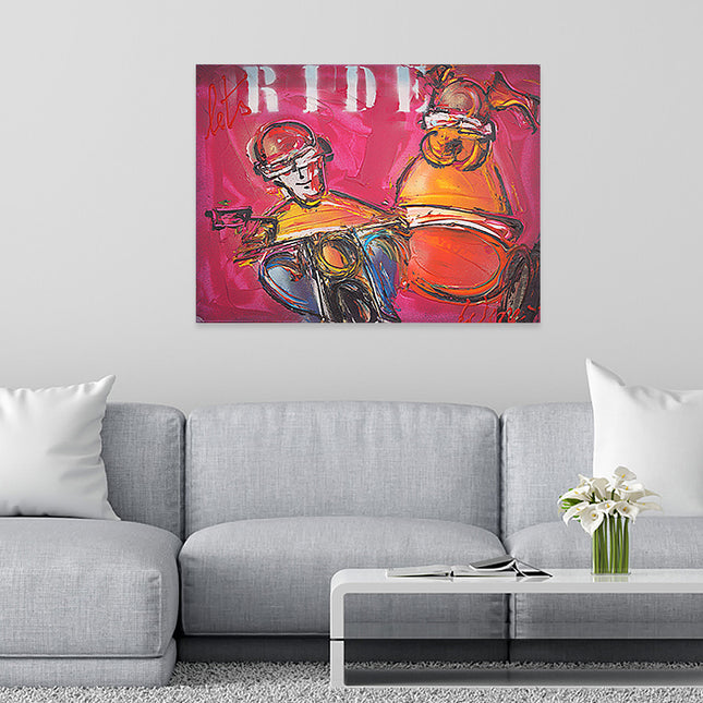 Graffiti art 'Man and dog on motorbike'