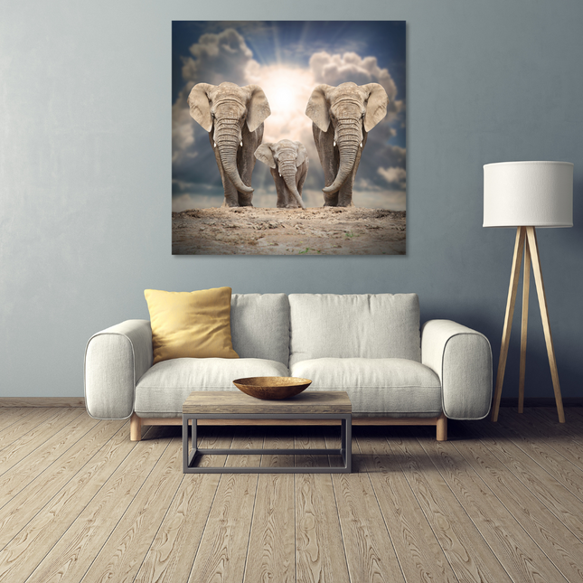 Aluart schilderij 'Elephant family on the road'
