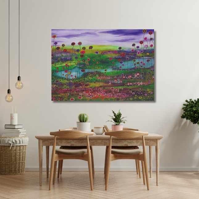 Aluart schilderij 'Bloemenveld aan het meer'
