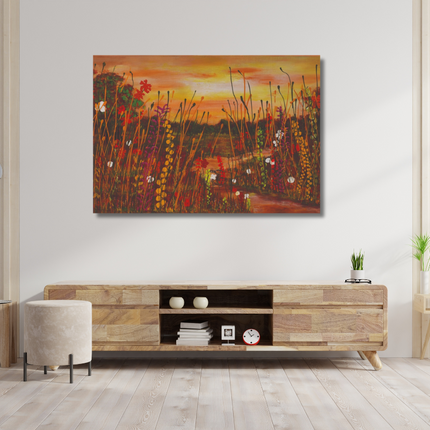 Aluart schilderij 'Bloemenveld zonsondergang'