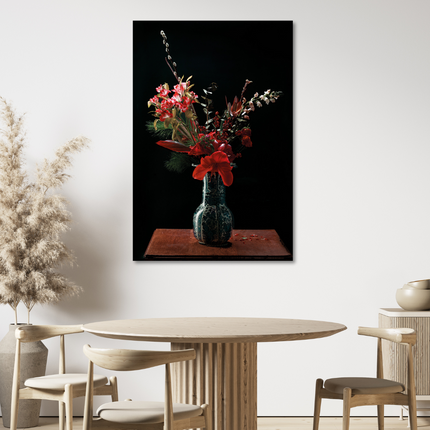 Aluart schilderij 'Delfst blauwe vaas met rode bloemen'