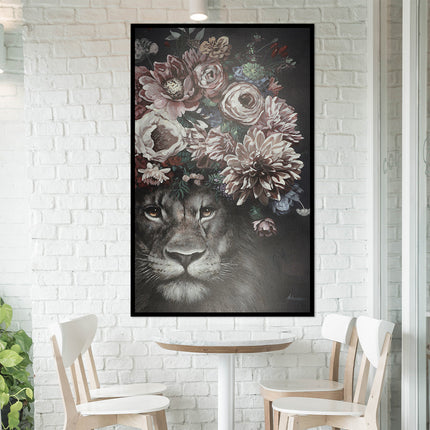 Canvas schilderij Mondiart 'Leeuw in bloemen'