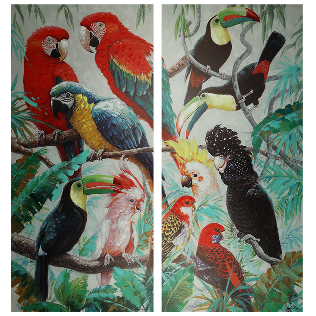 Canvas schilderij Mondiart 'Twee luik de kleurige papagaaien'